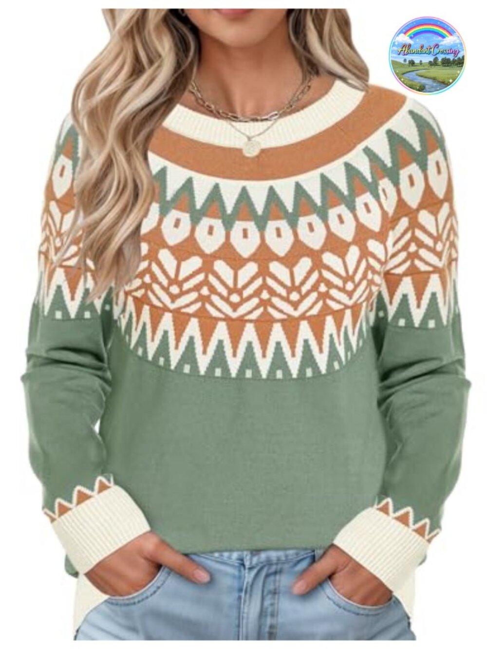 Womens Casual Lightweight Fair Isle Sweater Raglan Sleeve Crew Neck Knitted